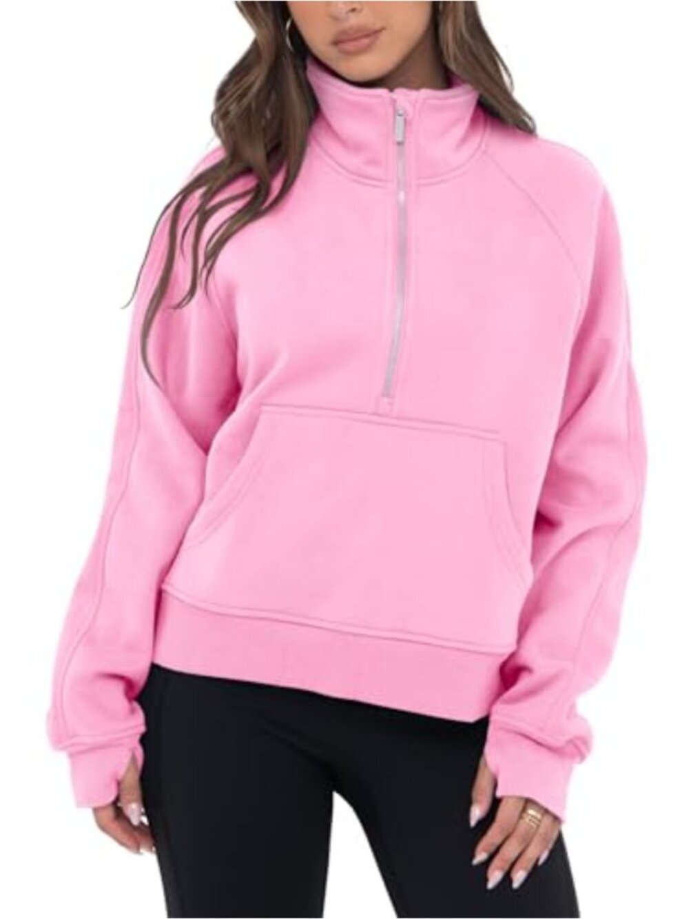 Womens Cropped Sweatshirt Half Zip Fleece Pullover Long Sleeve Thumb Hole Casual